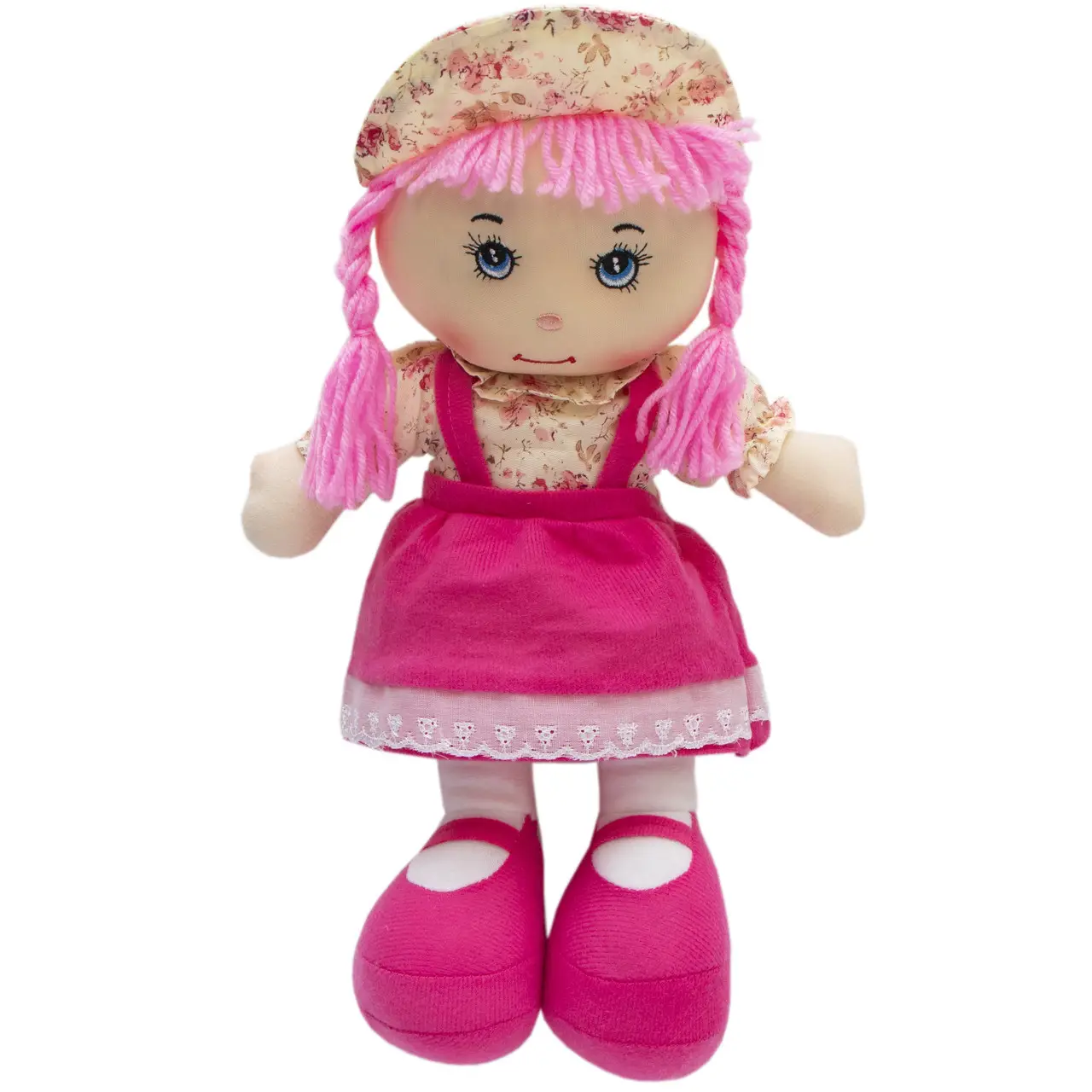 Muñeco de peluche con cara bordada, 36 cm, vestido rosa